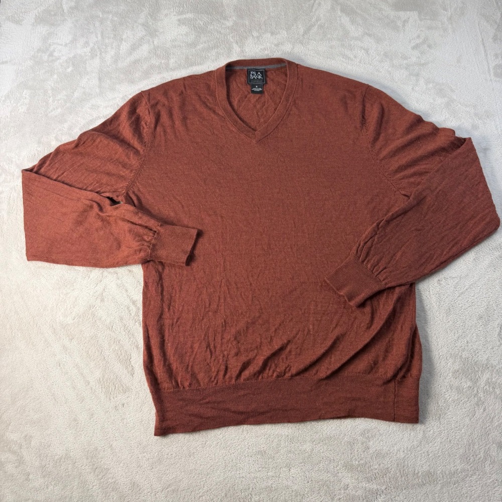 Jos. A. Bank Sweater V-Neck Traveler Men XL Rust Orange 100% Merino Wool Knit